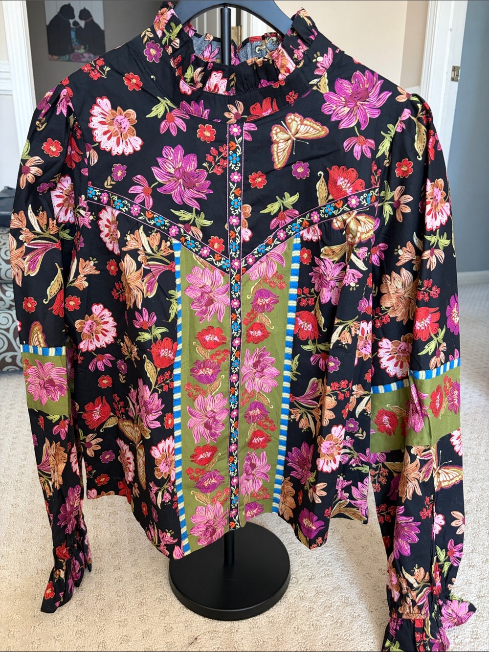 Women's Floral Ruffle-Neck Blouse - Black with Pink & Green Accents